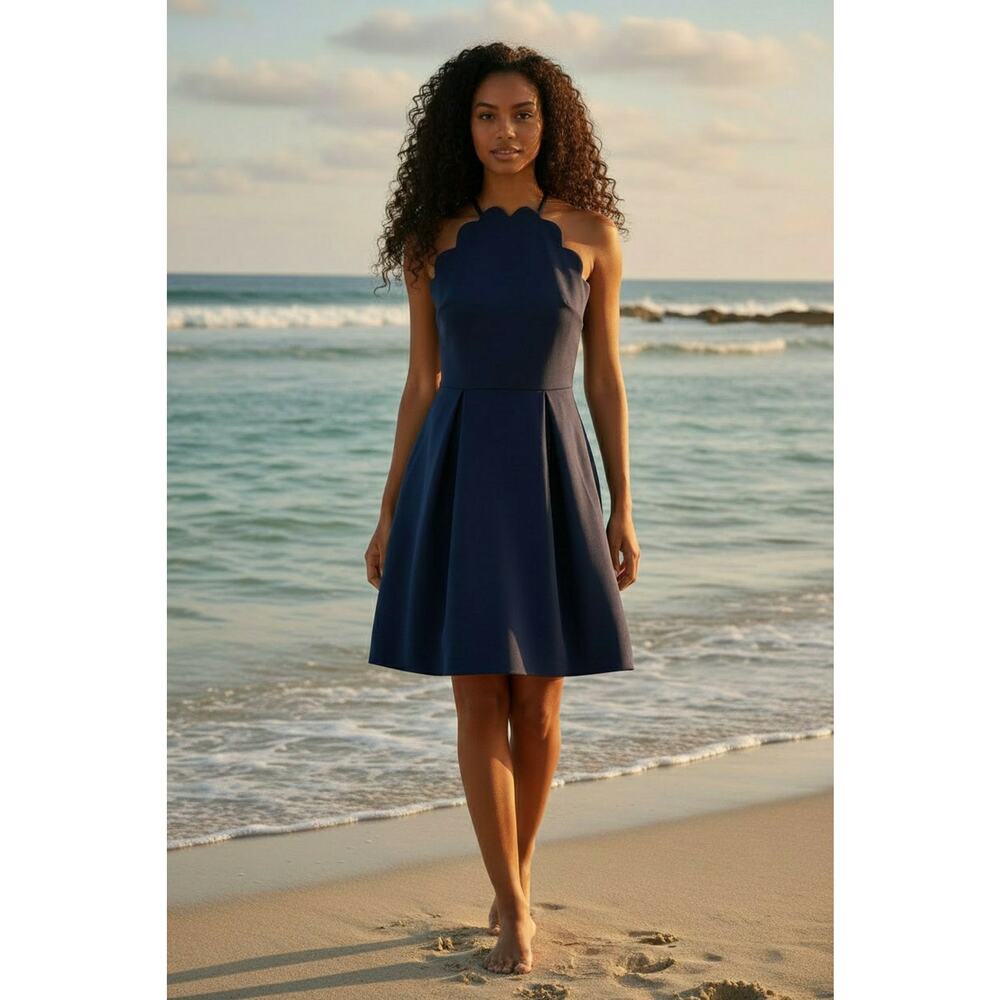 NWT Charlotte Russe Navy Skater Dress with Scalloped Halter Neckline #A92PJ
